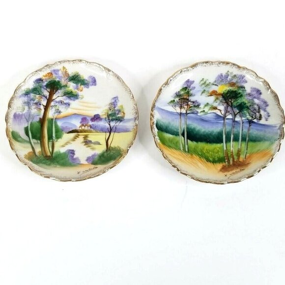 Ucagco Hand Painted H. Watabe Landscape Set Of 2 Japan 6.5" Wall Art - Picture 1 of 11